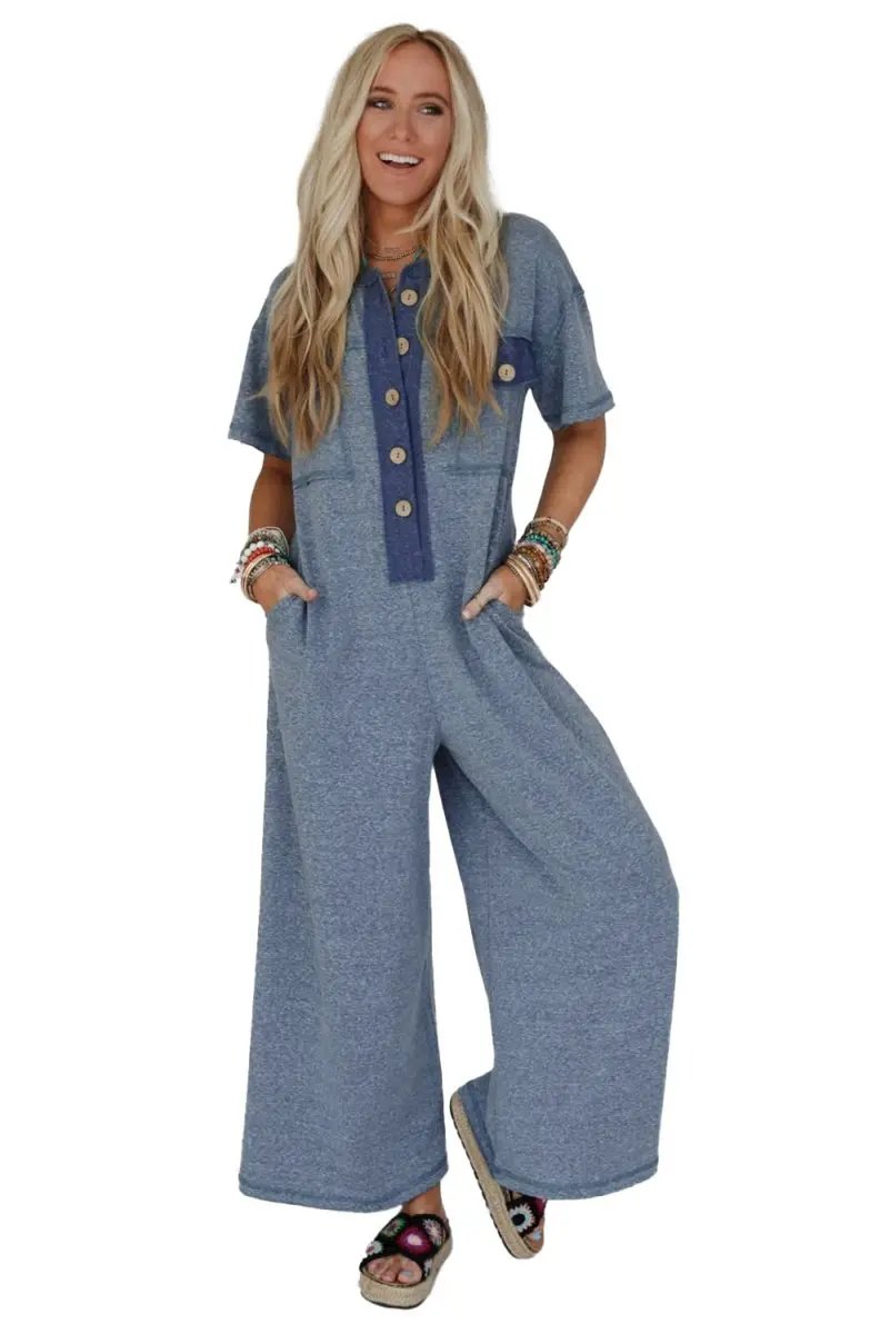 Beau Blue Half Placket Chest Pockets Short Sleeve Jumpsuit - Love Salve